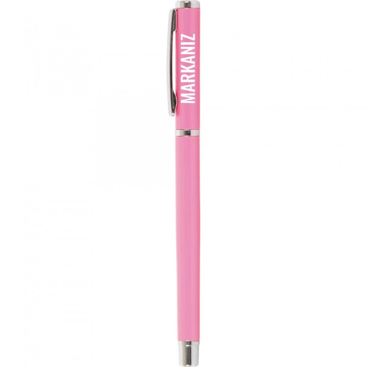 Pembe Gövdeli Krom Detaylı Metal Klipsli Trase Çizimli Lazer Baskılı Roller Kalem